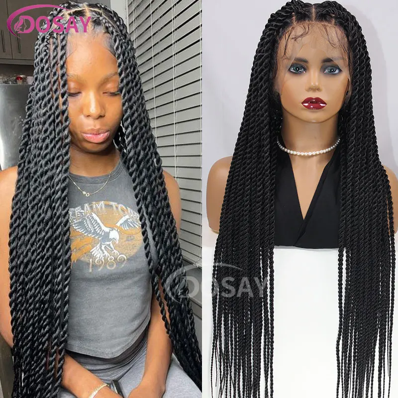 Perucas sintéticas trançadas de renda completa para mulheres negras, cabelo trançado senegalês longo, peruca trançada com cabelo de bebê, 36"