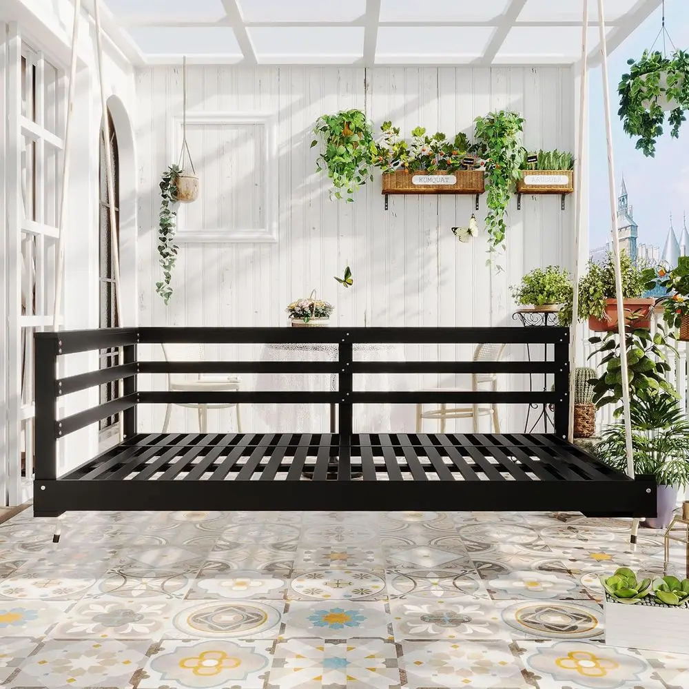 

Черная деревянная двухместная кушетка с 4x96 конопляными веревками для открытого сада, патио