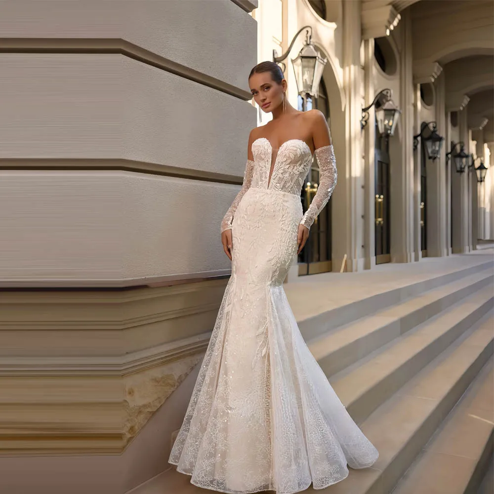 Abiti da sposa a sirena con applicazioni in pizzo sexy Belle personalizzati 2025 Maniche staccabili Abito da sposa con scollo a cuore Vestido Abito da sposa