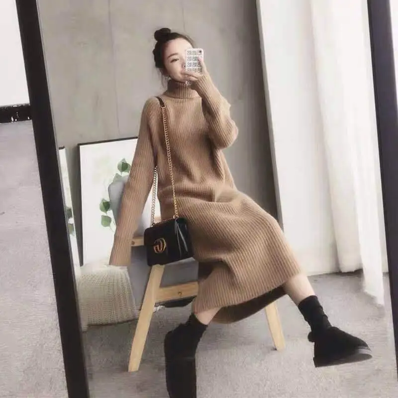 Turtleneck Loose Knitted Sweater Dress Korean Knitwear Long Dresses Thick Elegant Casual Vestidos Women Fall Winter New Robe