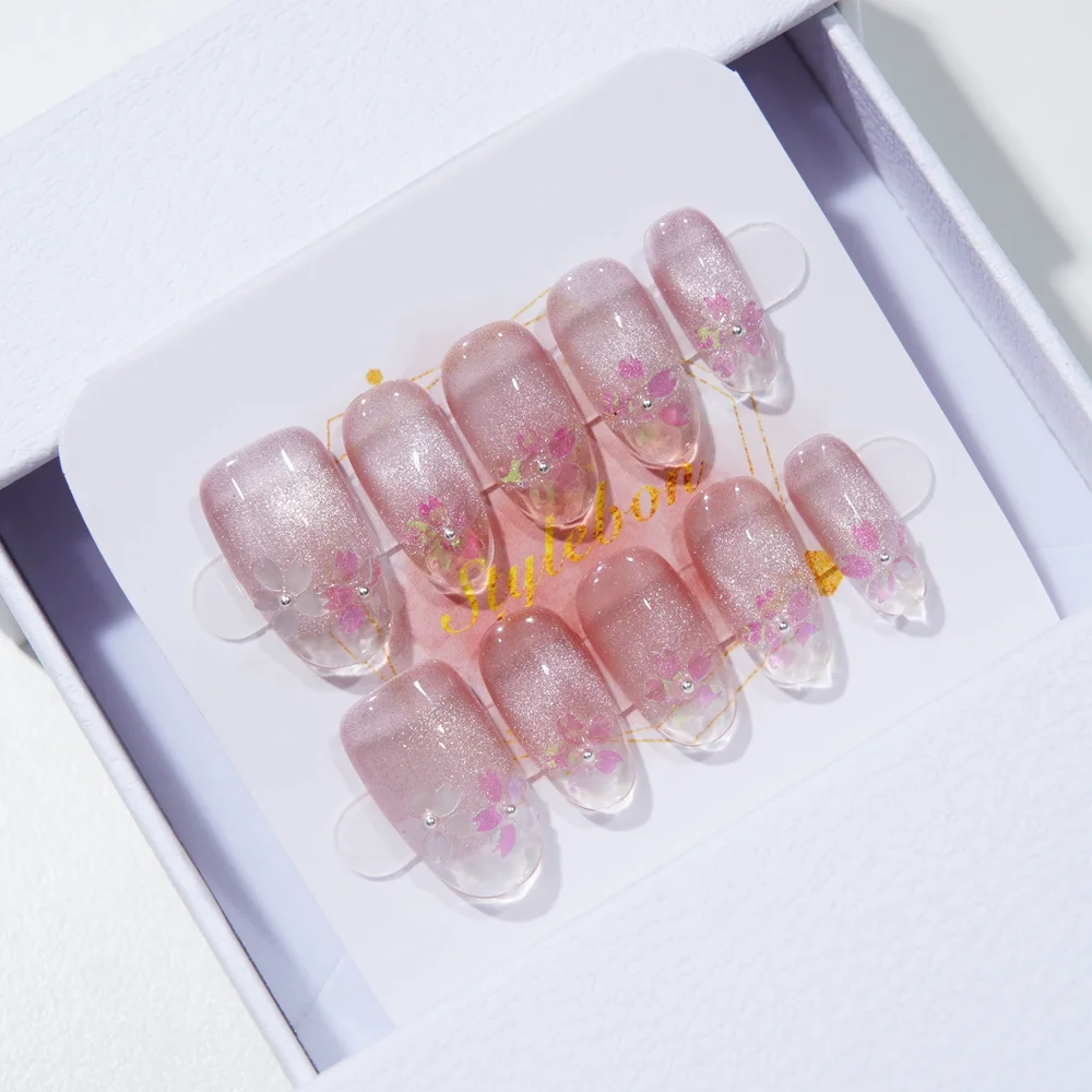 10 個手作りプレス爪オーロラ桜キャッツアイフルカバレッジネイルピース取り外し可能なウェアラブルネイル女性 & 女の子用