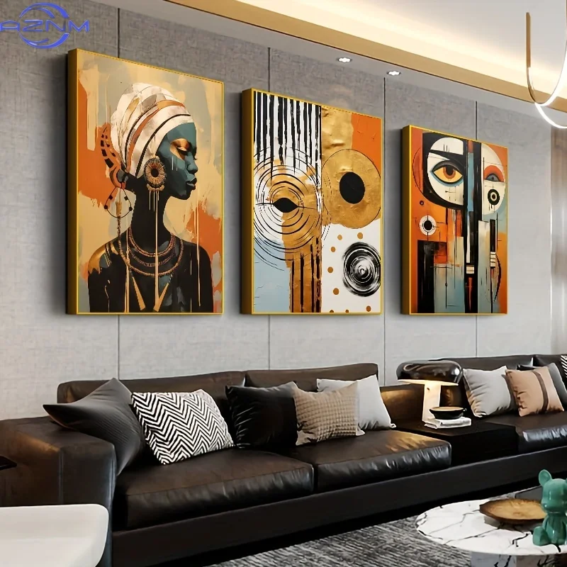 3pcs Frameless Canvas Art Set - Abstract Modern African Bohemian Style, Vibrant Geometric & Cultural Motifs, Perfect for Living