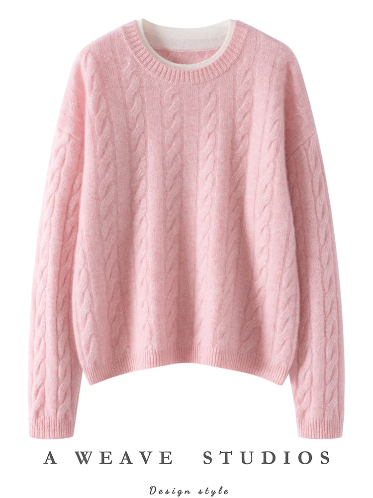 New Women 100% Cashmere Sweater Cable Knitting O-neck Pullover Cashmere Knitted Autumn Winter High Quality Basic Long Sleeve Top