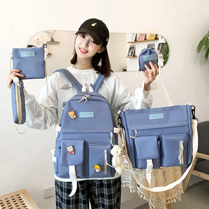 Student Durable School Bag Girls Solid Color 5 Piece Set Lightweight Large Capacity Casual Childrens Backpack Versatile Backpack