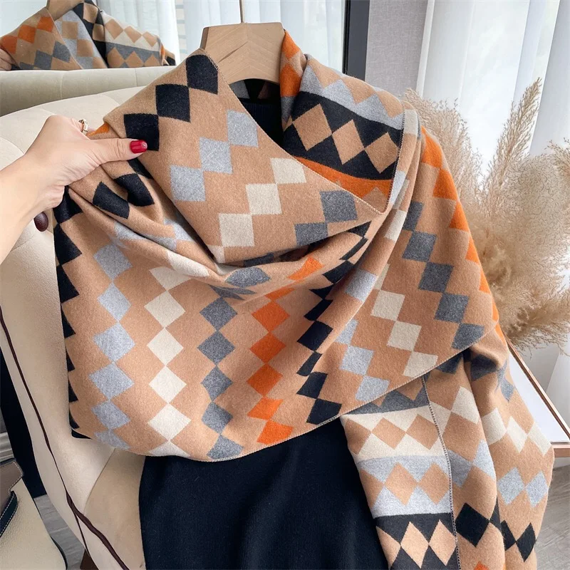 Fashion Contrast Colors Geometry Stripe Acrylic Cashmere Scarf Shawl Unisex Winter Neckerchief Thick Cape Wraps Double Sides