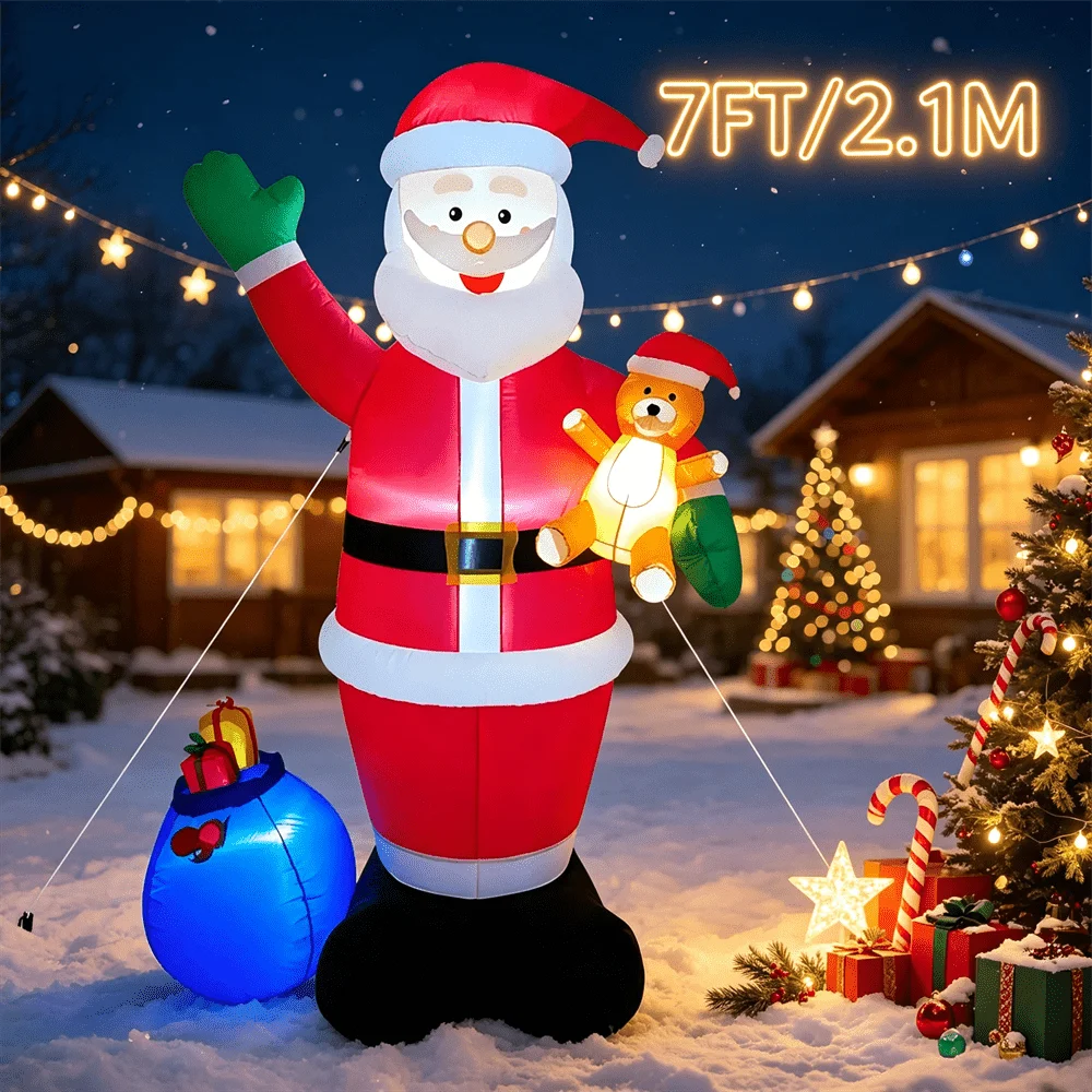 7FT Christmas Inflatable Toy Outdoor Decorations Santa Claus with Gift Bag LED Lighted Xmas Yard Decor for Garden Winter Party