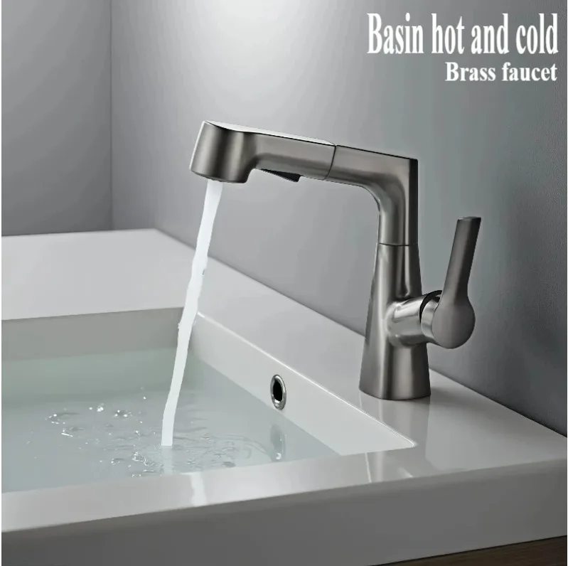 

Bathroom brass household pull-out lift hot and cold faucet, bathroom basin faucet