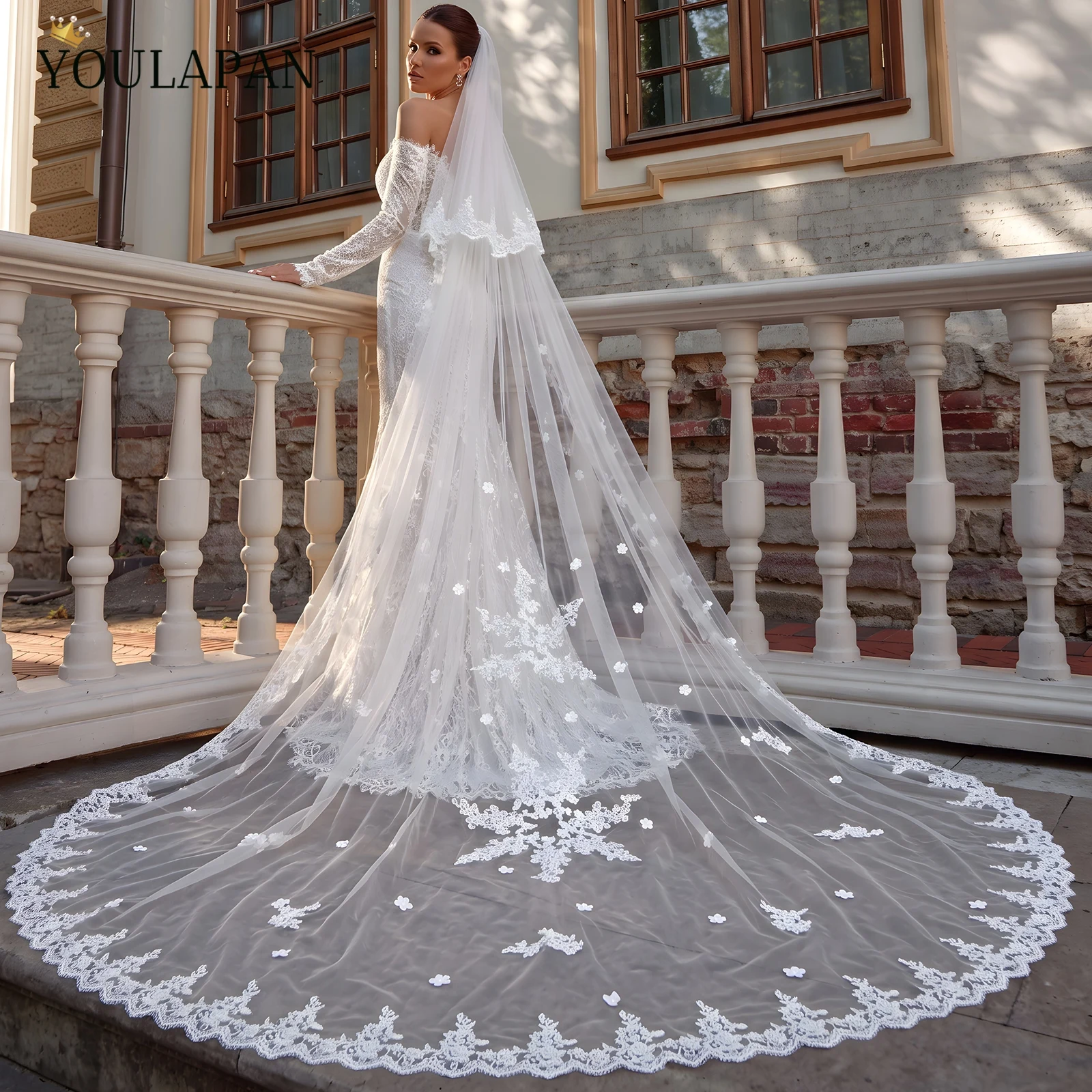 TOPQUEEN Lace Applique Bridal Veil Two Tier Wedding Veil Cathedral Length Long Train Tulle Veil Wedding Accessories V77