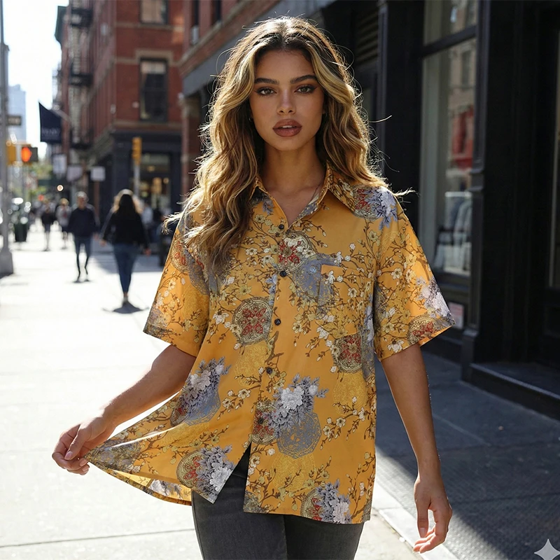 

Vintage Oriental Floral Shirt Men Mustard Yellow Streetwear Chinoiserie Short Sleeve Button Up 2026 Unisex Harajuku Casual Tops