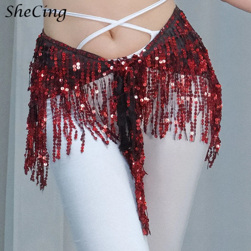 Women Sequins Glitter Belly Dance Hip Scarf Adjustable Shiny Strap Skirt for Concert Party Festival Rave Party Stage Costume