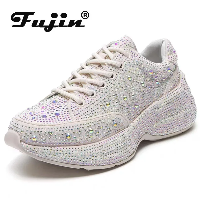 

Fujin 6cm Synthetic Rhinestone Genuine Leather Bling Women Platform Wedge Summer Vulcanize Chunky Sneakers Leisure Spring Autumn