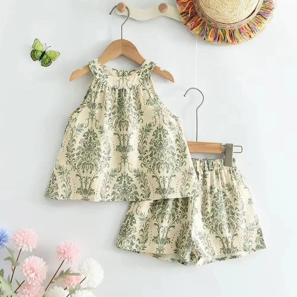 New Girls Outfit Summer Small Floral Halterneck Sleeveless Suspender+ Short Girl Refreshing Shorts Two-Piece Set