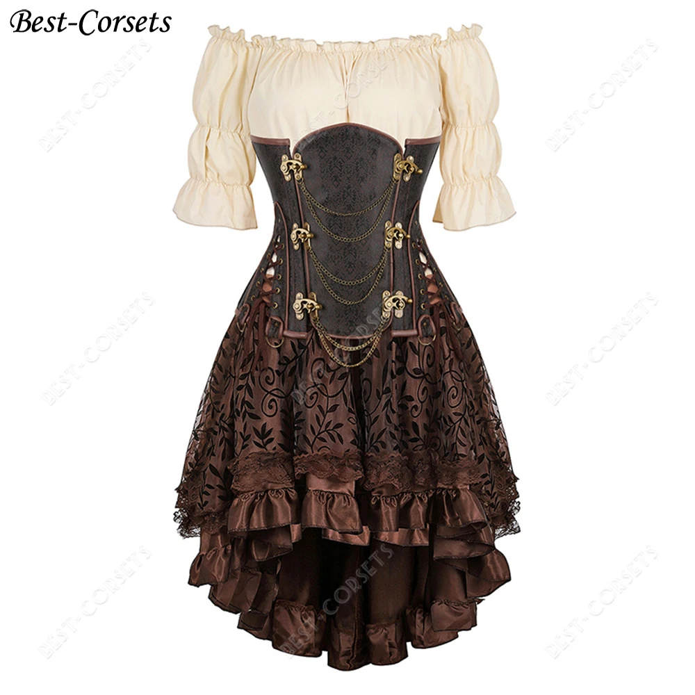 

Pirate Corset Dresses Brown Steampunk Corset Skirt Plus Size Pirate Costume For Women Underbust Corset Three Piece Set