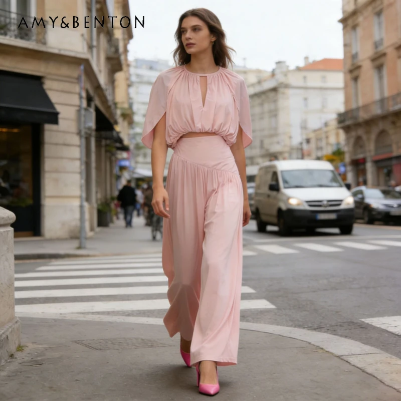 European American Casual Women's Long Skirt Set 2026 New Irregular Sleeve Hollow Out Pleated Top Solid Color Skirts Sets Ladies