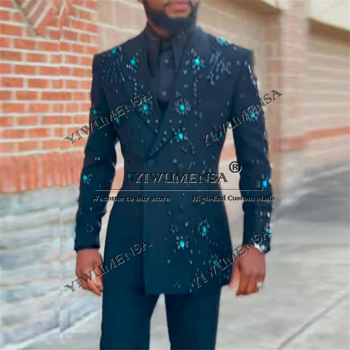 

Metallic Crystal Jewelry Tuxedo Suit For Men Double Breasted Jacket Pants 2 Pieces Groom Formal Party Wedding Dresses Customized