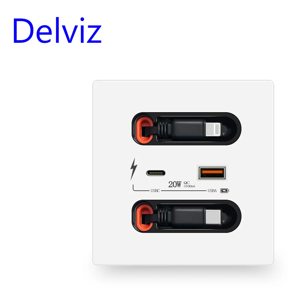 Delviz Type-C Wall USB Socket, 20W Fast charging Universal 5V 3100MA USBA+USBC Port, USB Socket with charging cable Retractable