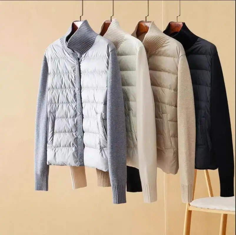 

Women Knitted Patchwork Down Jacket Autumn Single Breasted Stand Collar Long Sleeve Fashion Female Coat Lightweight Outerwear