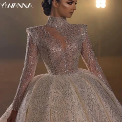 Modesto gola alta manga longa vestido de noiva brilhante lantejoulas vestido de casamento 2024 vestido de baile de luxo longo noiva robe novia