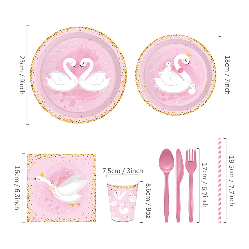 Sweet Cartoon Anime Crown Swan Soiree Birthday Party Disposable Tableware Sets Plates Cups Tablecovers Baby Shower Party Decors