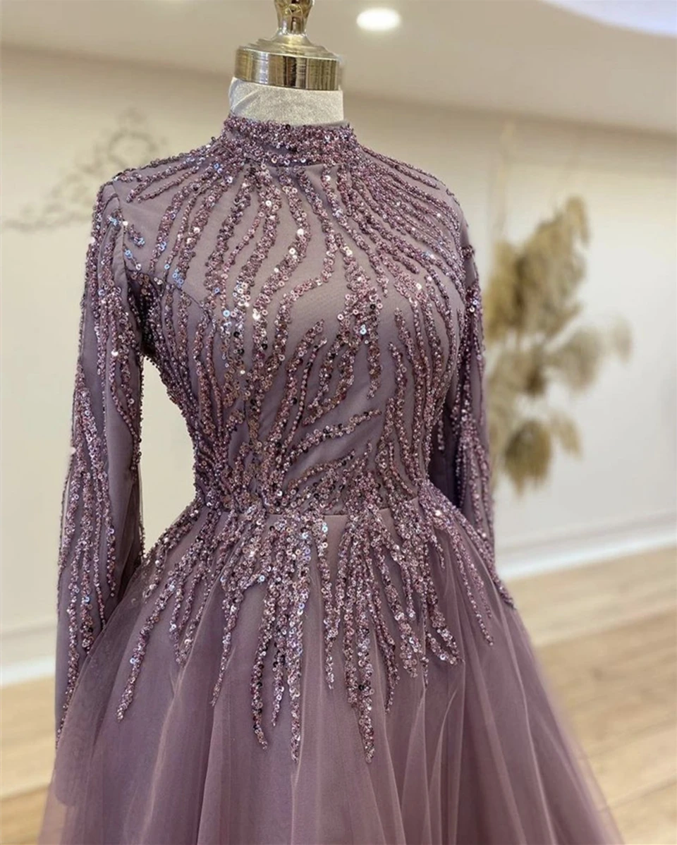 Gaun Malam Formal Muslim Leher Tinggi Ungu Indah 2025 Gaun Prom Pesta Berpayet Berkilau Lengan Panjang A-Line Jubah De Soirée