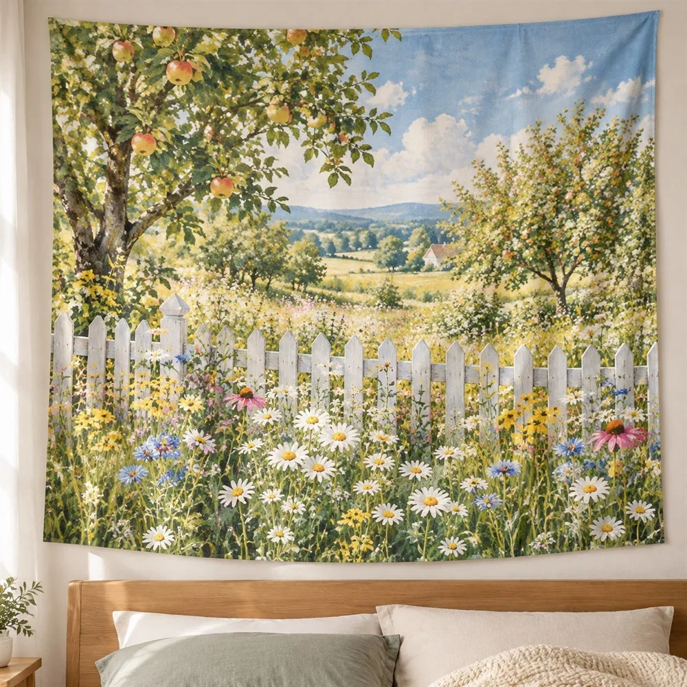 VIKAMA Picket Fence Wildflowers Tapestry Wall Hanging, Aesthetic Cottage Room Decor Tapestries for Bedroom Living Room Study