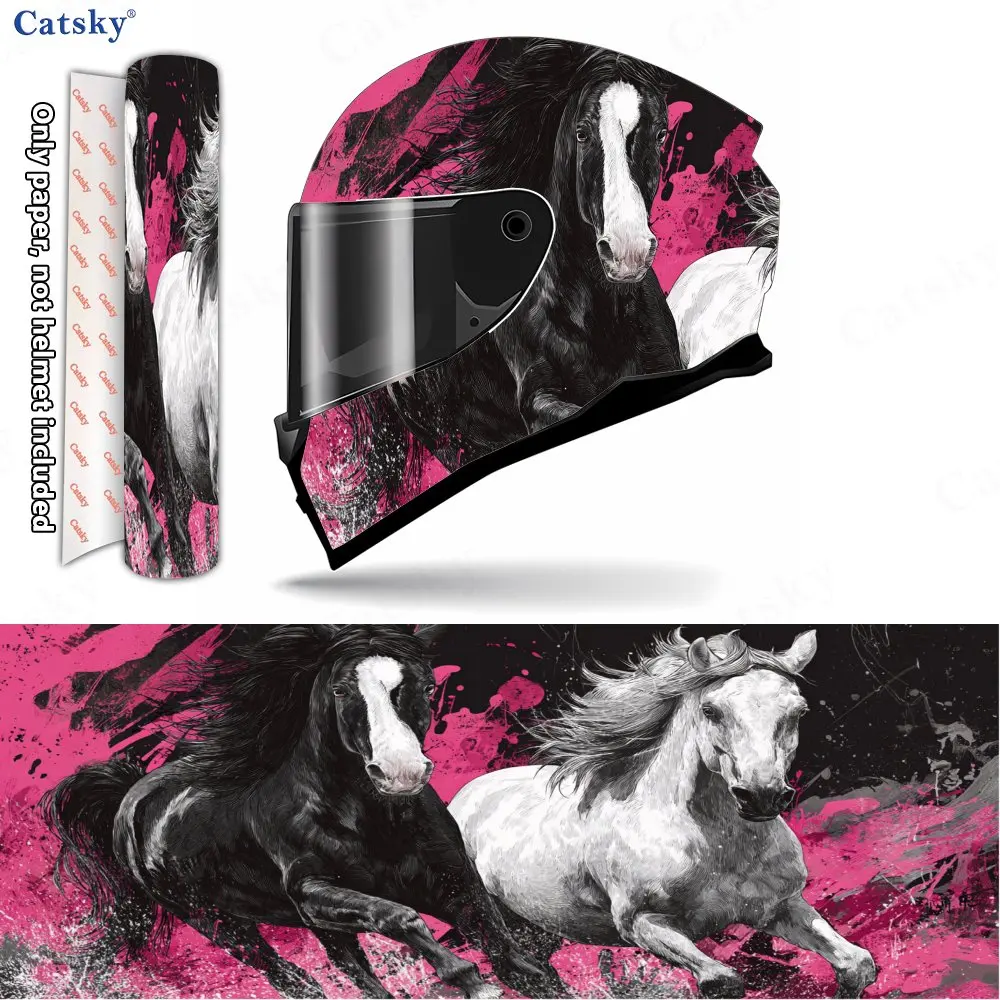 Galloping Horses Pink Graffiti Helmet Vinyl Wraps, Waterproof Scratch-Resistant Full Face Helmet Decals, Durable PVC Decoration