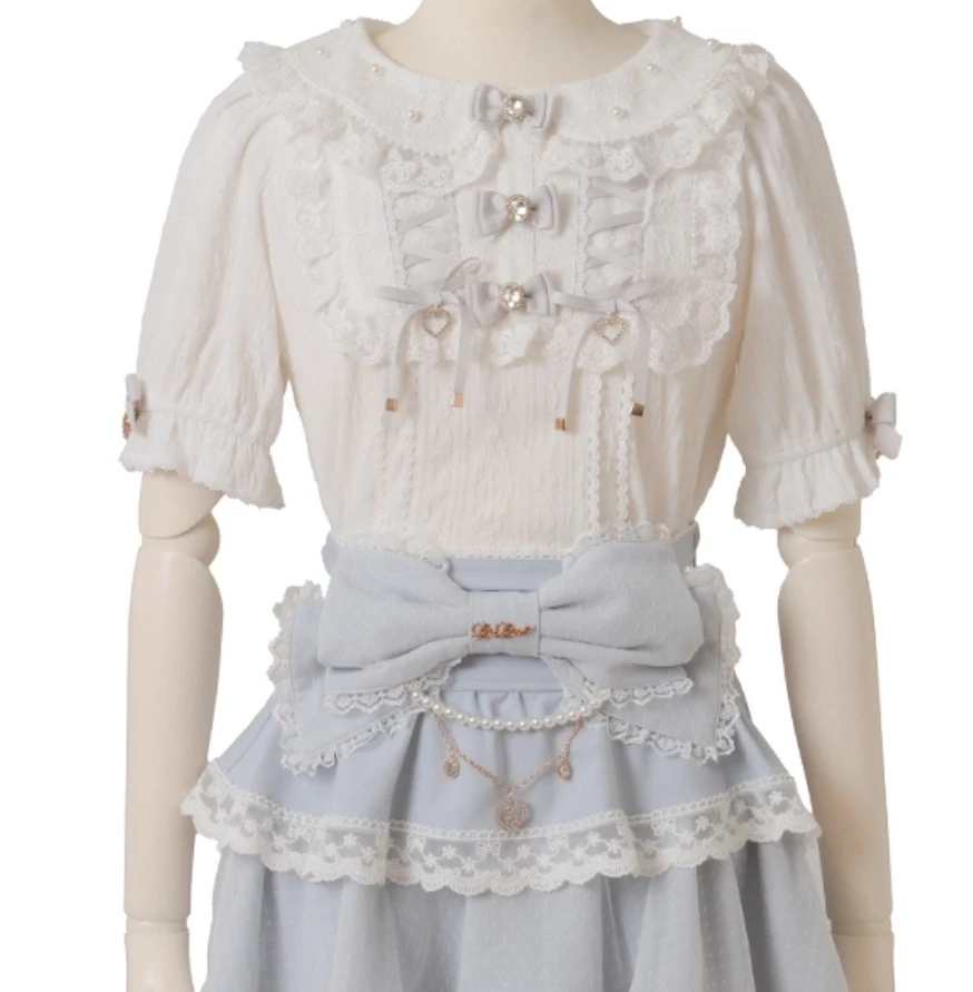 

Женская рубашка Liz в японском стиле со стразами и бантом для девочек, кружевная рубашка с кукольным воротником и короткими рукавами, весна-лето, блузки в стиле Лолиты, топы