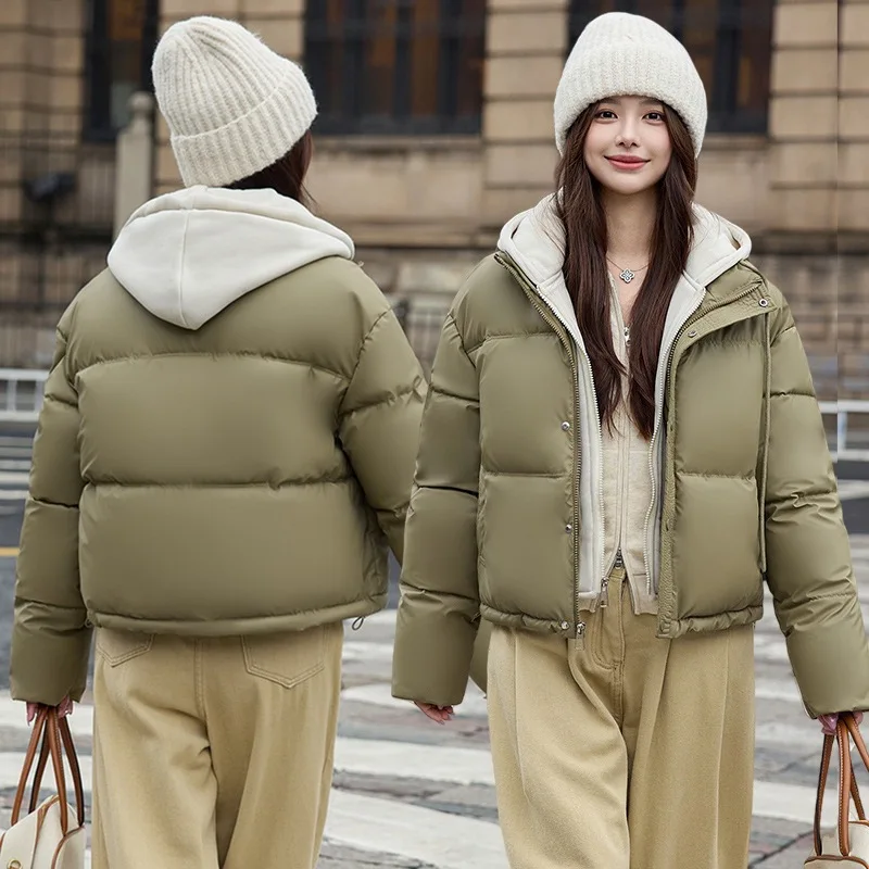 Women Spliced Oversize Parkas Coat Hooded Jacket Solid Drawstring Hem Zipper Straight Fit Thick Office Lady Casual Winter 2025