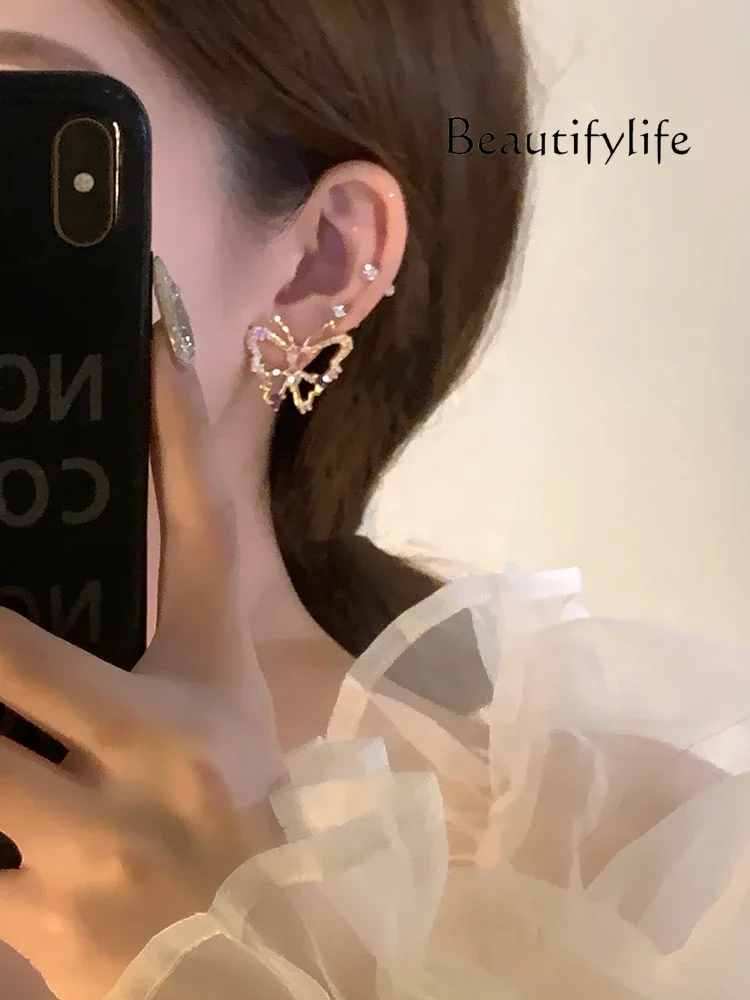 Light luxury, sweet and exquisite sparkling diamond butterfly earrings, fairy energy Korean version of fashion niche high-end