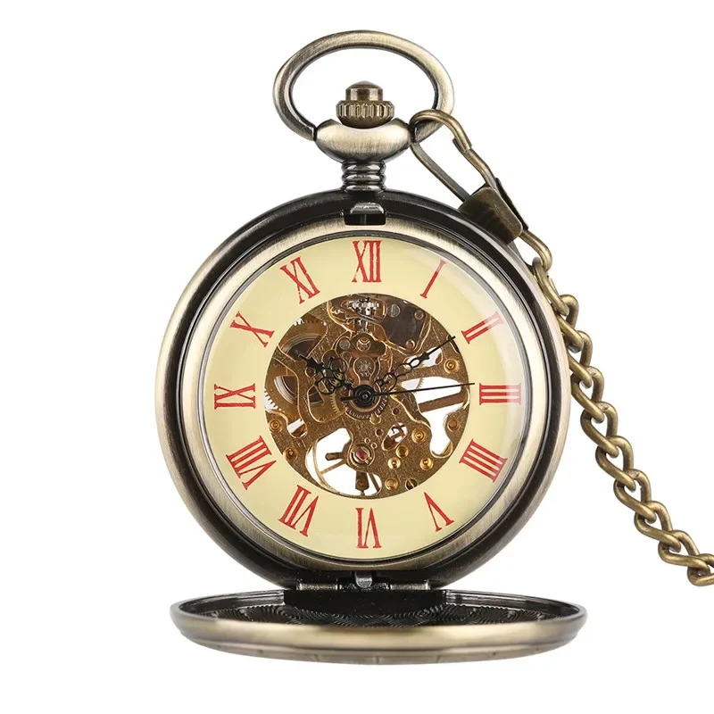 Vintage Style Unisex Hand Winding Mechanical Pocket Watch Roman Numerals Display Hollow Bronze Pendant Watches Clock FOB Chain