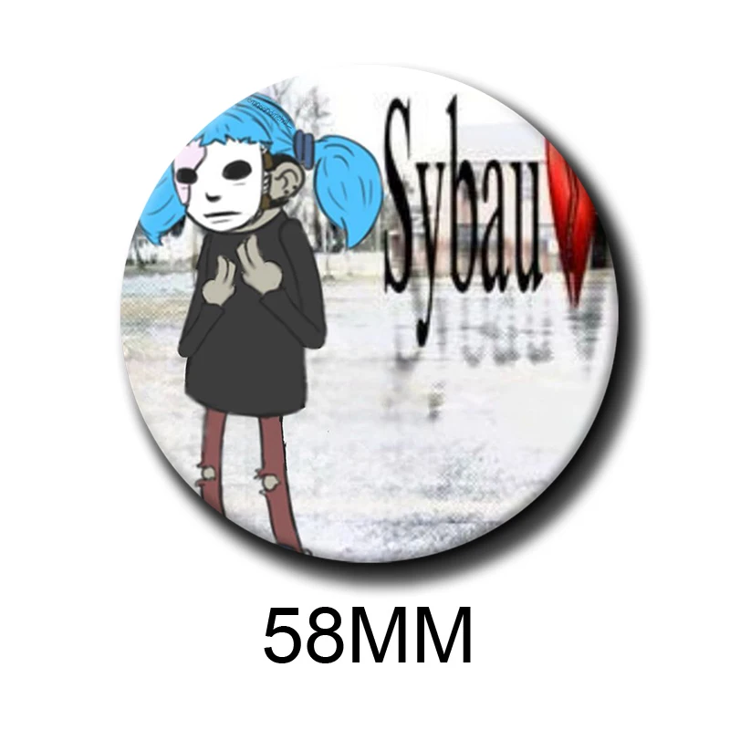 58mm Funny Sybau Meme Badges Custom Cartoon Character Lapel Pins Handmade Round Brooches for Bag Jewelry Accessories Xmas Gift