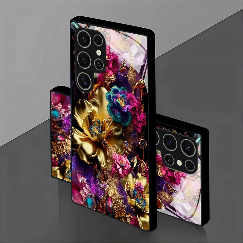 Luxury Gold Floral Pattern 2D Phone Case for Samsung S26 S25 S24 S23 S22 S21 S20 A55 A54 Tempered Glass Protective Cover view 4