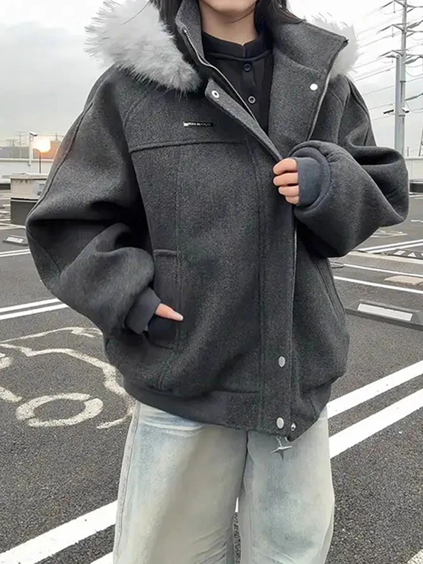 

Американское шерстяное клетчатое пальто с капюшоном, утепленное, теплое, хлопковое, для мужчин и женщин, зимнее, премиум-класса, с меховым воротником, хлопковая одежда