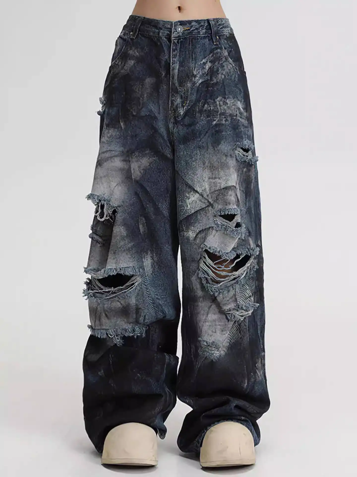 

Unsiex Hole Jeans 2026 Spring Summer New Men's Tie Dye Ripped Jeans Straight Loose Wide Leg Denim Pants Women Pants