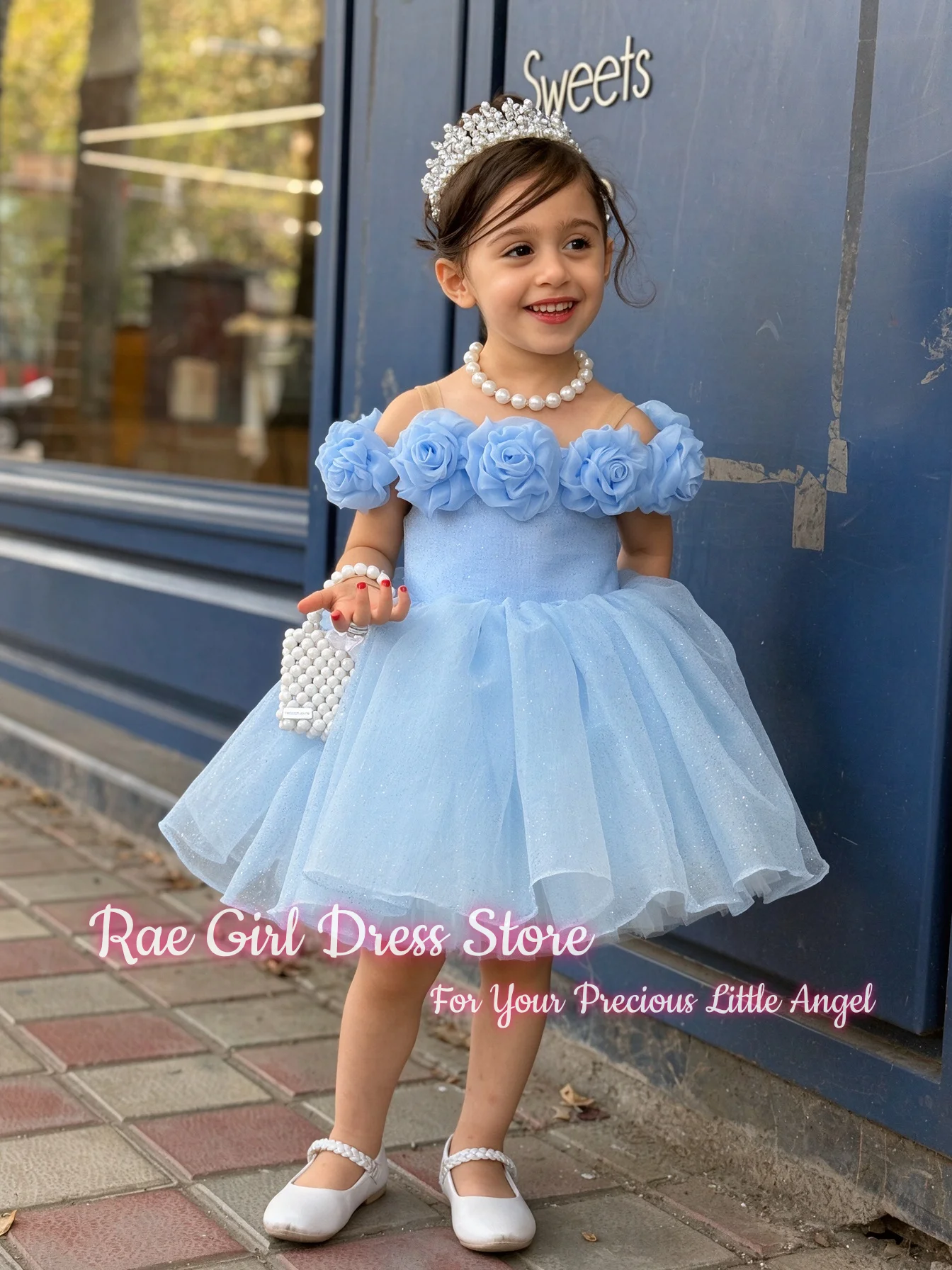 Light Blue Flower Girl Dress For Wedding Birthday Pageant A Line Short Puffy Gown Glitter Tulle Off Shoulder 3D Rose Decor Gowns