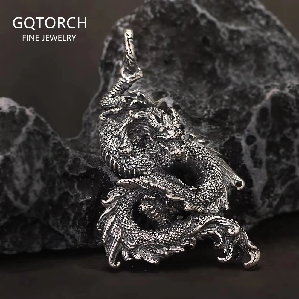 Solid 925 Sterling Silver Punk Dragon Pendant for Men Chinese Ethnic Style Domineering Loong Amulet Thai Silver Retro Jewelry