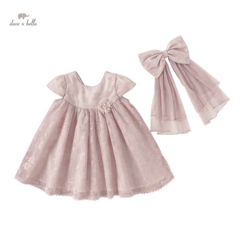 Dave Bella Children Princess Dress for Girls 2024 New Summer A-line Dress Bow Mesh Noble Charm Classy Cute Sweet Party DB2241010