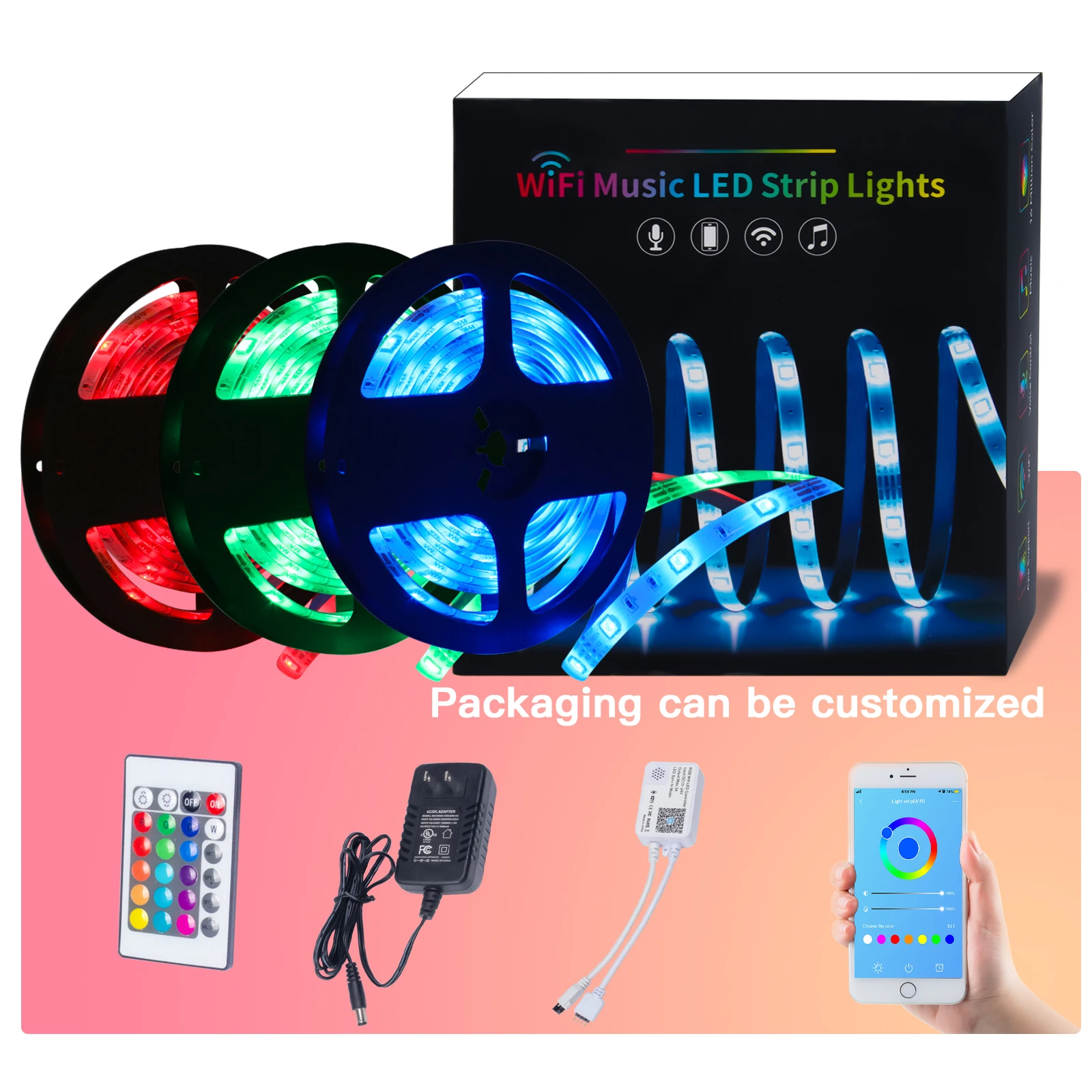 RGB 5050 Dimmable Smart Rope Light Strips Music Sync,16.4ft Bedroom Lights LED Strip Light with 24 Keys Remote