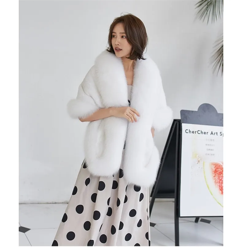 

Autumn Winter New White Real Mink Fur Shawl with Genuine Fox Fur trimmed Thick Warm Cape for Women