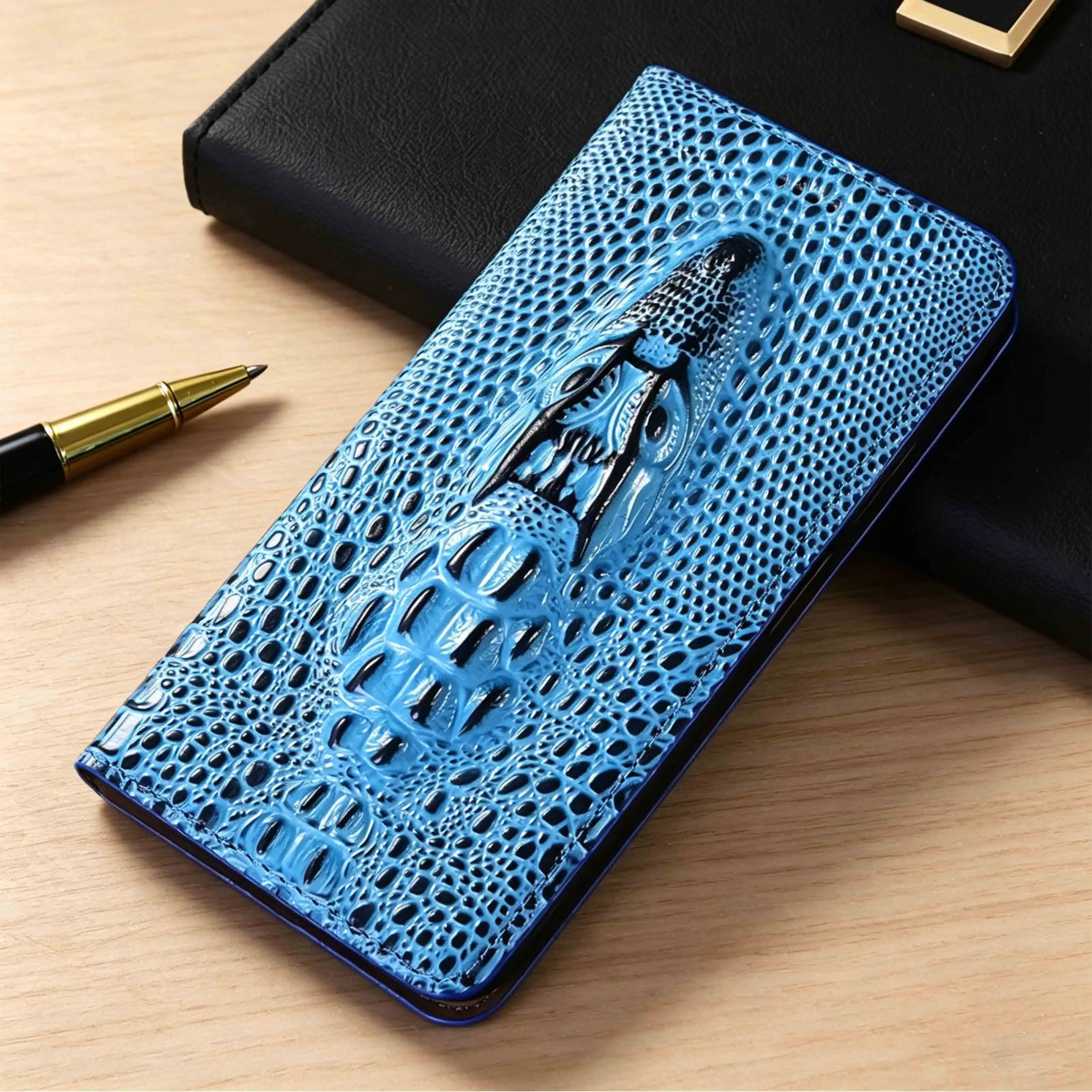 For Honor 80 90 100 200 300 400 500 600 E Pro Lite Ultra Smart SE GT Crocodile Head Pattern Of Genuine Leather Flip Case Cowhide