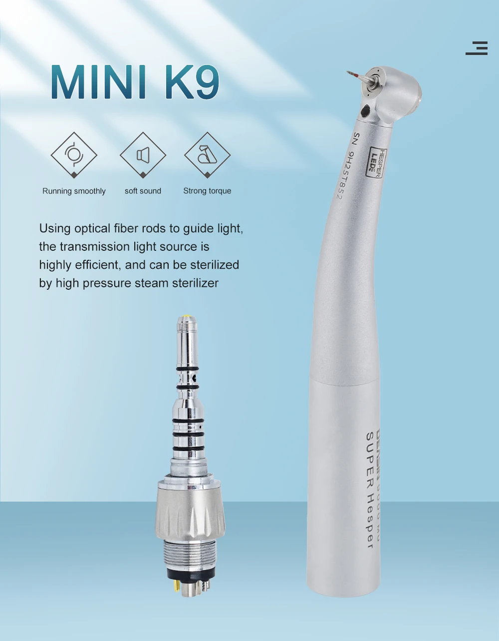 HOT Dental Mini-Kopf Faseroptik LED-Leuchten 9000L Hochgeschwindigkeits-Handstück für Kinder Kurzer Schaft Bohrer Zahnarzt-Werkzeug Ausrüstung – Detail 1