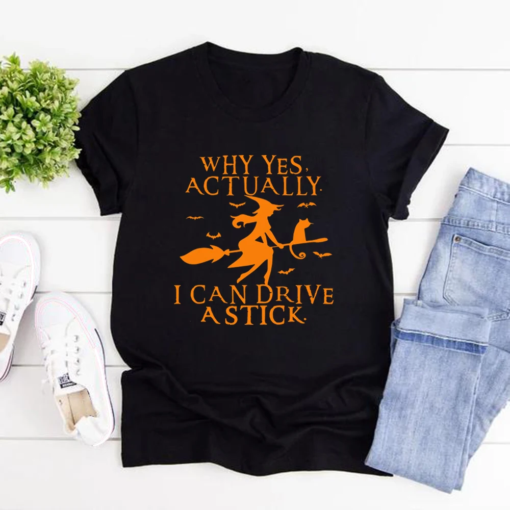 Yes I Can Drive A Stick T-Shirt Halloween Women Shirts Funny Halloween T-shirt Casual Short Sleeve Graphic Tee Witch T-Shirts