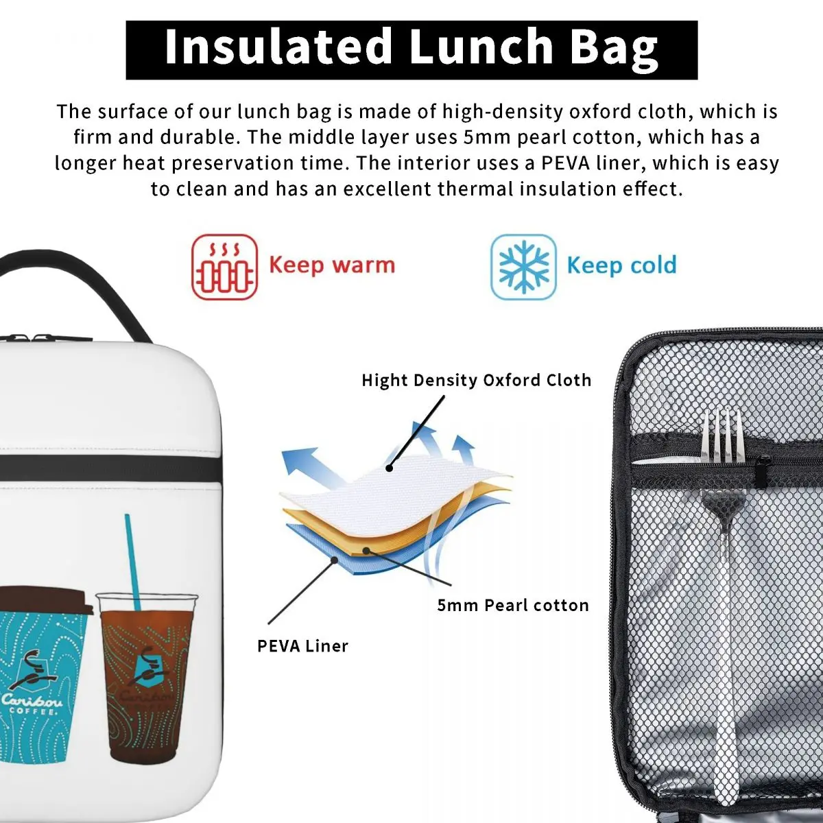 Caribou Coffee Cups Insulated Lunch Bag for Women Children Portable Food Boxes Thermal Lunch Box Tote