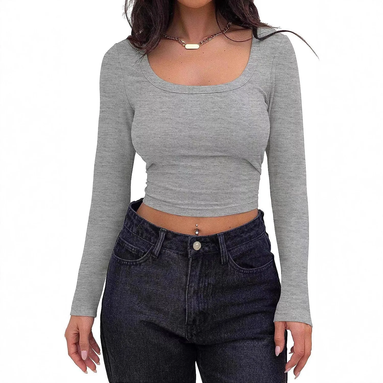 Female Thread Pit Strip Slim Short Square Neck T-shirt Female Long Sleeve TSH irt Female