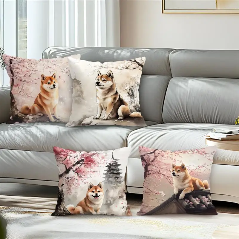 Sakura Shiba Inu Painting Cushions Pillowcase Printed Polyester 45x45cm Throw Pillow Cover Decorative Sofa Cushion Pillowslip