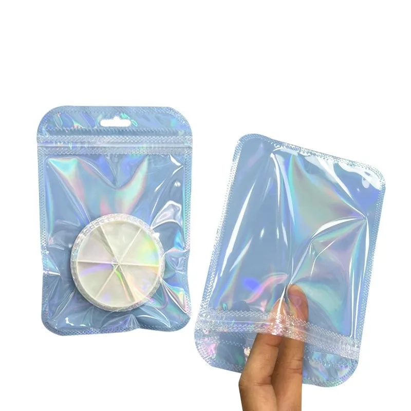 Bolsa holográfica de plástico transparente para joyería, bolsa con cremallera para almacenamiento de cuentas, suministros de embalaje para negocios pequeños, 50 piezas