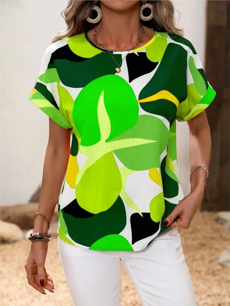

New Summer Women's Fashion Floral Print Short Sleeve Shirts Women O-neck Casual Loose Blouse Elegant Office Lady Tops
