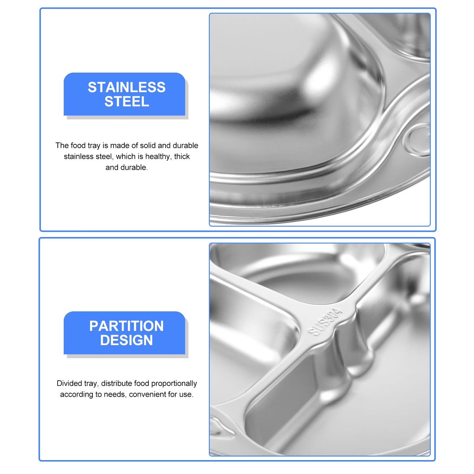 

304 Stainless Steel Divided Dinner Tray Lunch Container For Camping Picnic Home School Cafeteria Kitchen Supplies