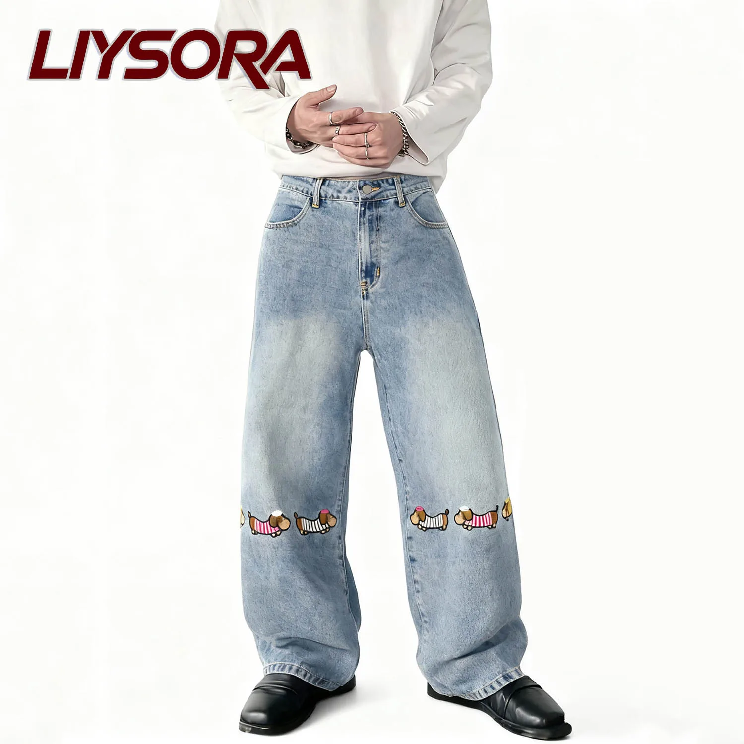 

Men's Blue Retro Baggy Wide-Leg Jeans Korean Classic Cartoon Cute Dachshund Embroidery Y2K Loose Women's Denim Pants Unisex