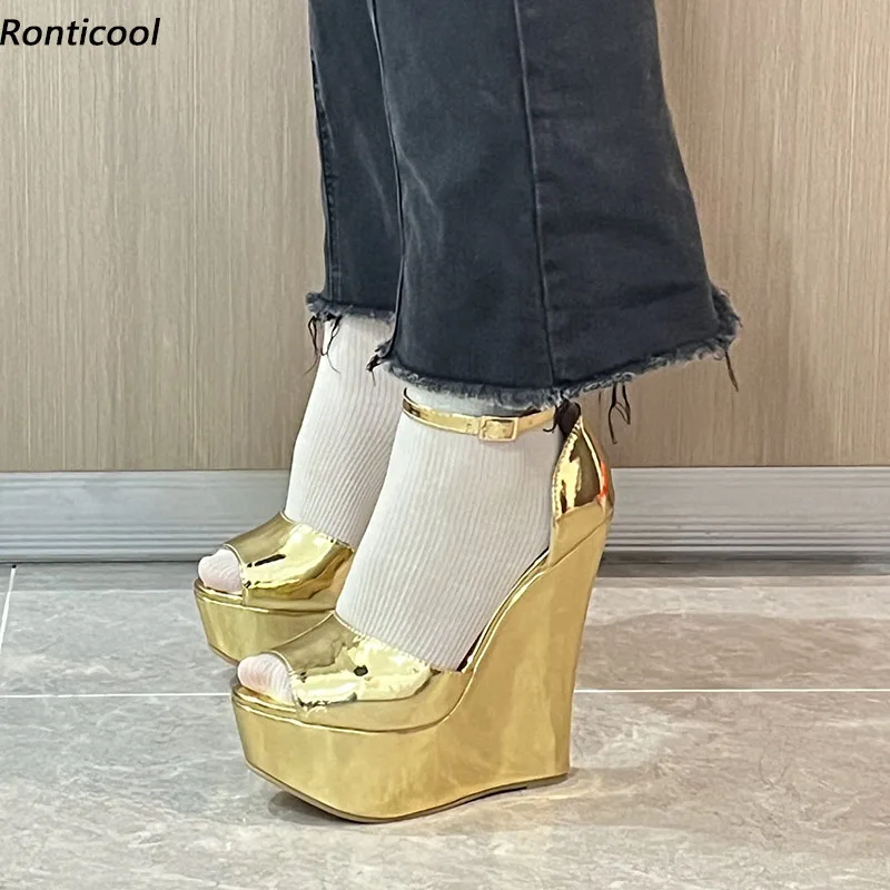 Ronticool Real Photos Women Summer Platform Sandals Wedges High Heels Round Toe Gorgeous Gold Club Shoes US Plus Size 4-20